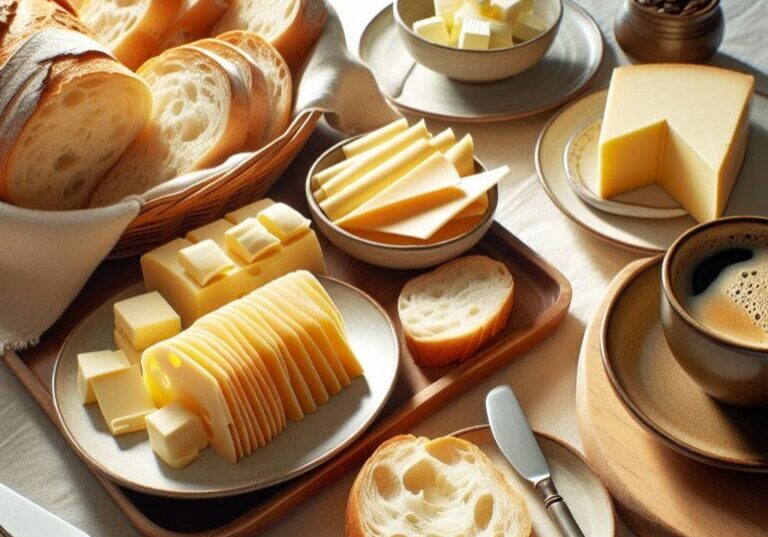 et frokostbord med brød, ost, smør og en kaffekopp